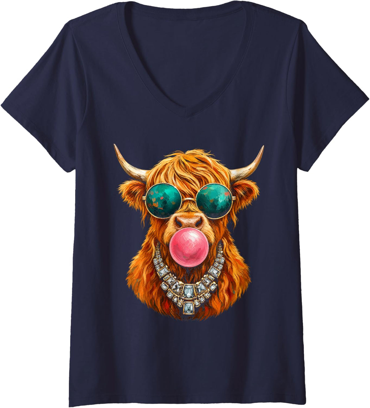 Women's Highland Cow Bubblegum Sunglasses Attitude Cow Lover V-Neck T-Shirt - Navy Blue