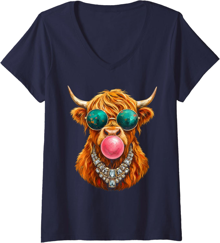 Women's Highland Cow Bubblegum Sunglasses Attitude Cow Lover V-Neck T-Shirt - Navy Blue