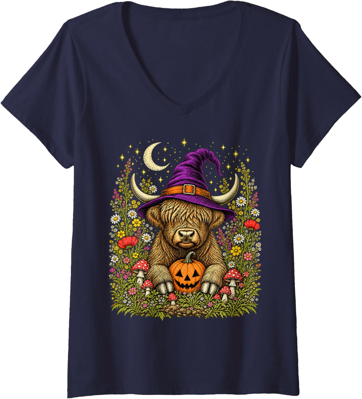Women's Highland Cow Witch Skeleton Halloween Flowers Pumpkin Fall V-Neck T-Shirt - Navy Blue