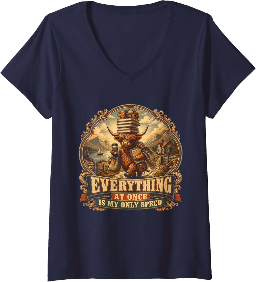 Women's Everything At Once is My Only Speed Funny Highland Cow V-Neck T-Shirt - Navy Blue