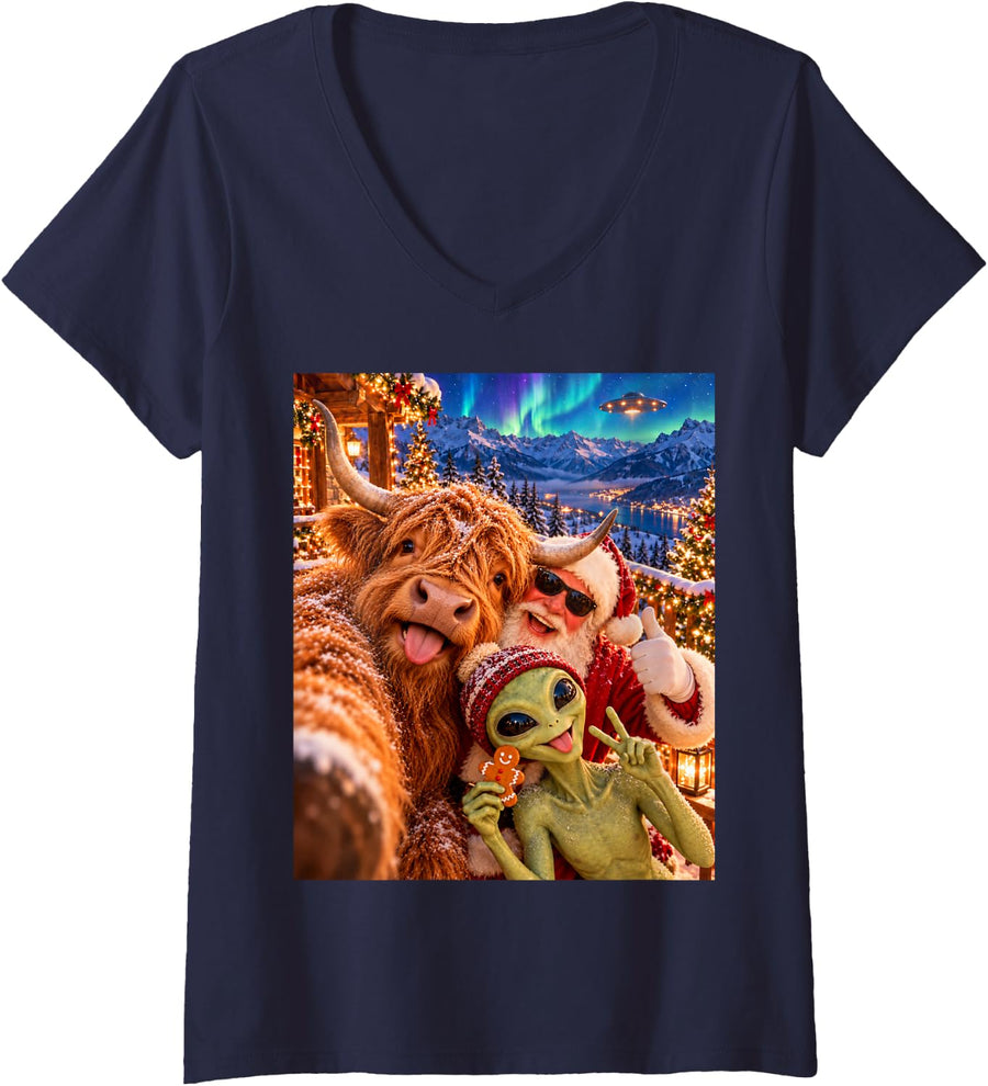 Women's Highland Cow Silly Christmas Selfie with Santa and Alien V-Neck T-Shirt - Navy Blue