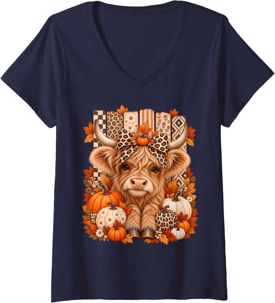 Women's Cute Highland Cow Leopard Bow Fall Autumn Pumpkin for Women V-Neck T-Shirt - Navy Blue