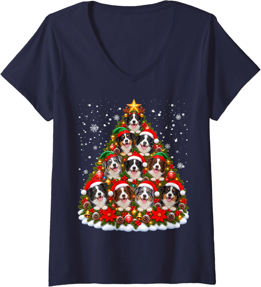Women's Funny Christmas Tree Border Collie Family Xmas Pajamas V-Neck T-Shirt - Navy Blue