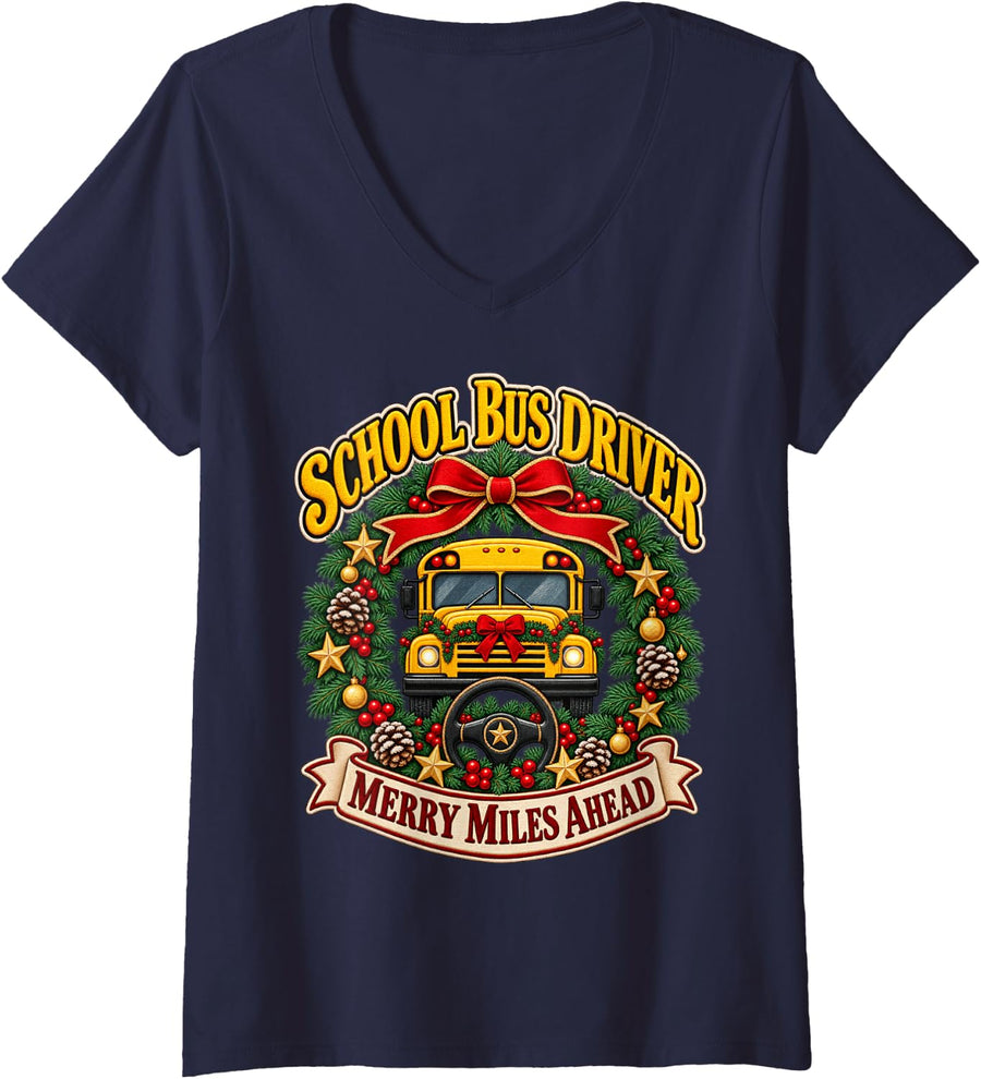 Women's School Bus Driver Merry Miles Ahead Christmas Holiday V-Neck T-Shirt - Navy Blue