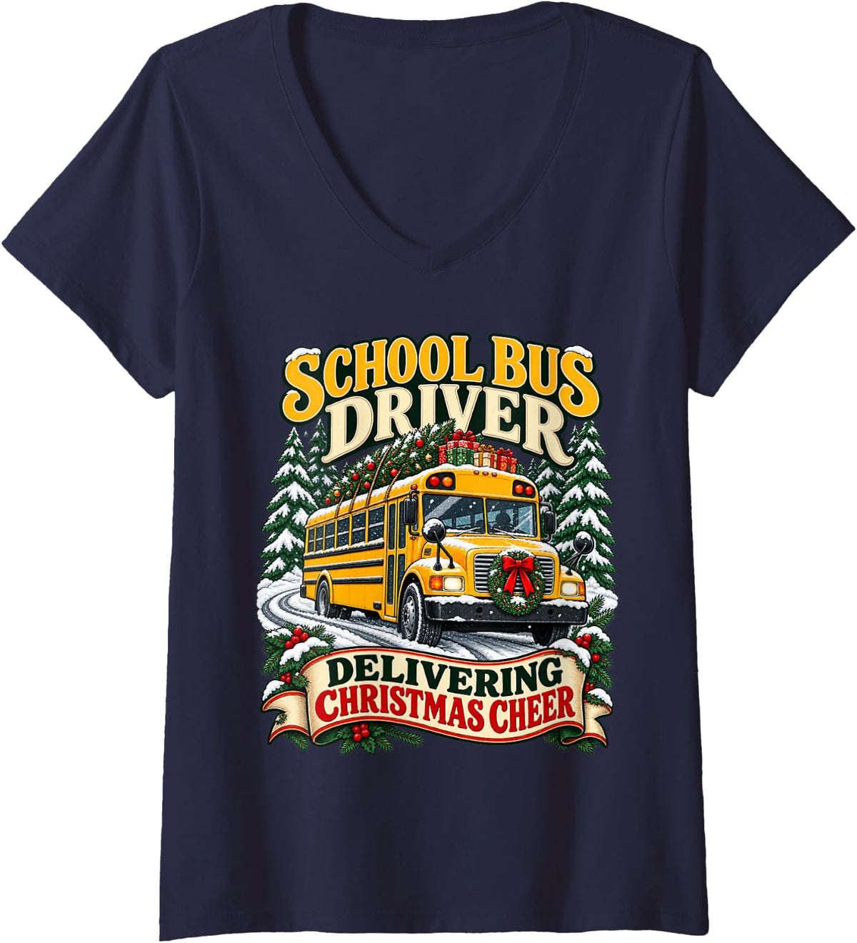Women's School Bus Driver Delivering Christmas Cheer Holiday V-Neck T-Shirt - Navy Blue