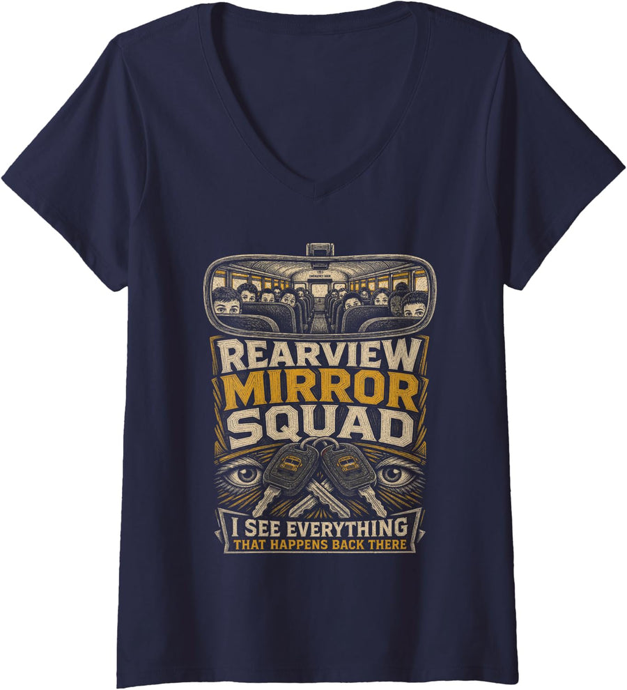 Women's Rearview Mirror Squad School Bus Driver Humor V-Neck T-Shirt - Navy Blue