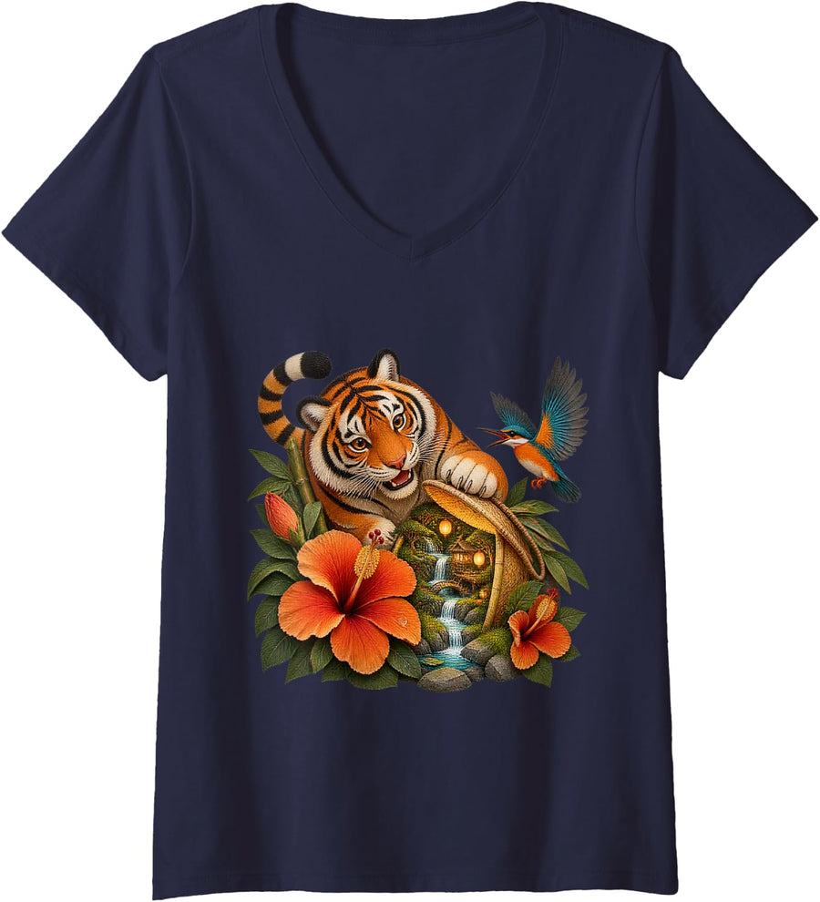 Women's Bengal Tiger Reveals a Village Beneath Hibiscus V-Neck T-Shirt - Navy Blue