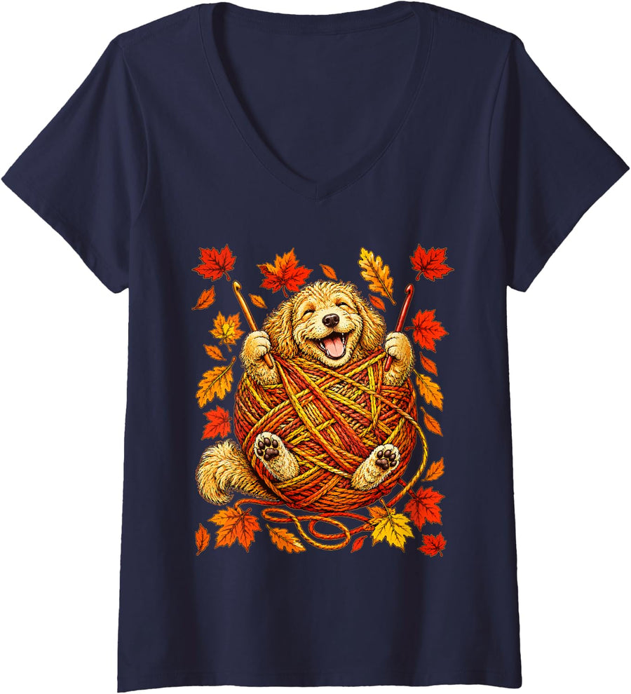 Women's Funny Goldendoodle Knitter Cozy Autumn Dog Crocheter Fall V-Neck T-Shirt - Navy Blue