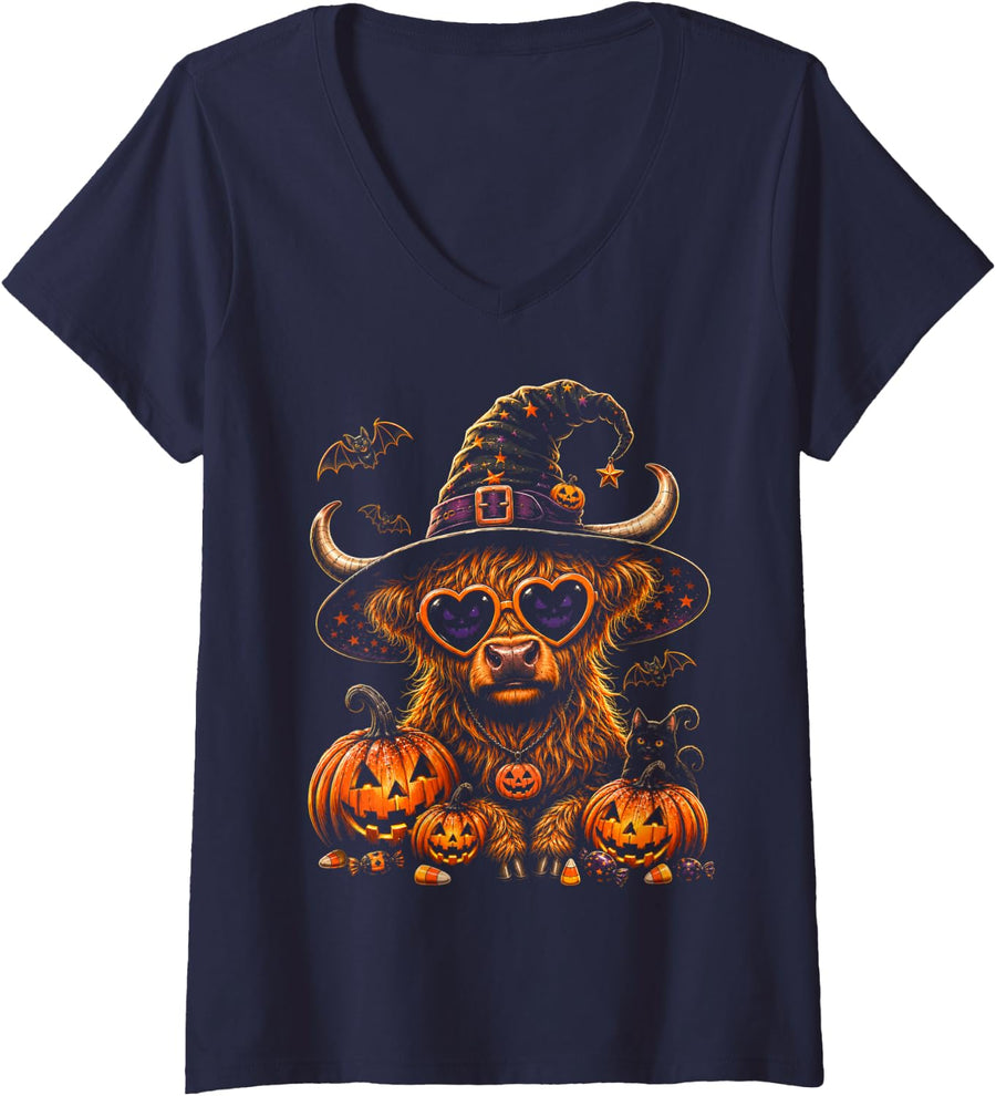 Women's Cute Halloween Shirt Highland Cow Shirt Funny Halloween V-Neck T-Shirt - Navy Blue
