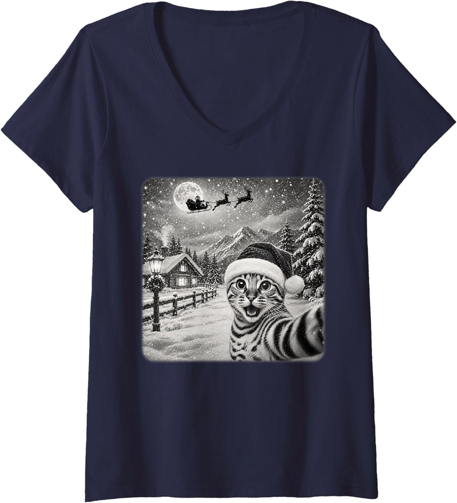 Women's Xmas Moon Night Starry Santa Sleigh Fun Bengal Cat Christmas V-Neck T-Shirt - Navy Blue