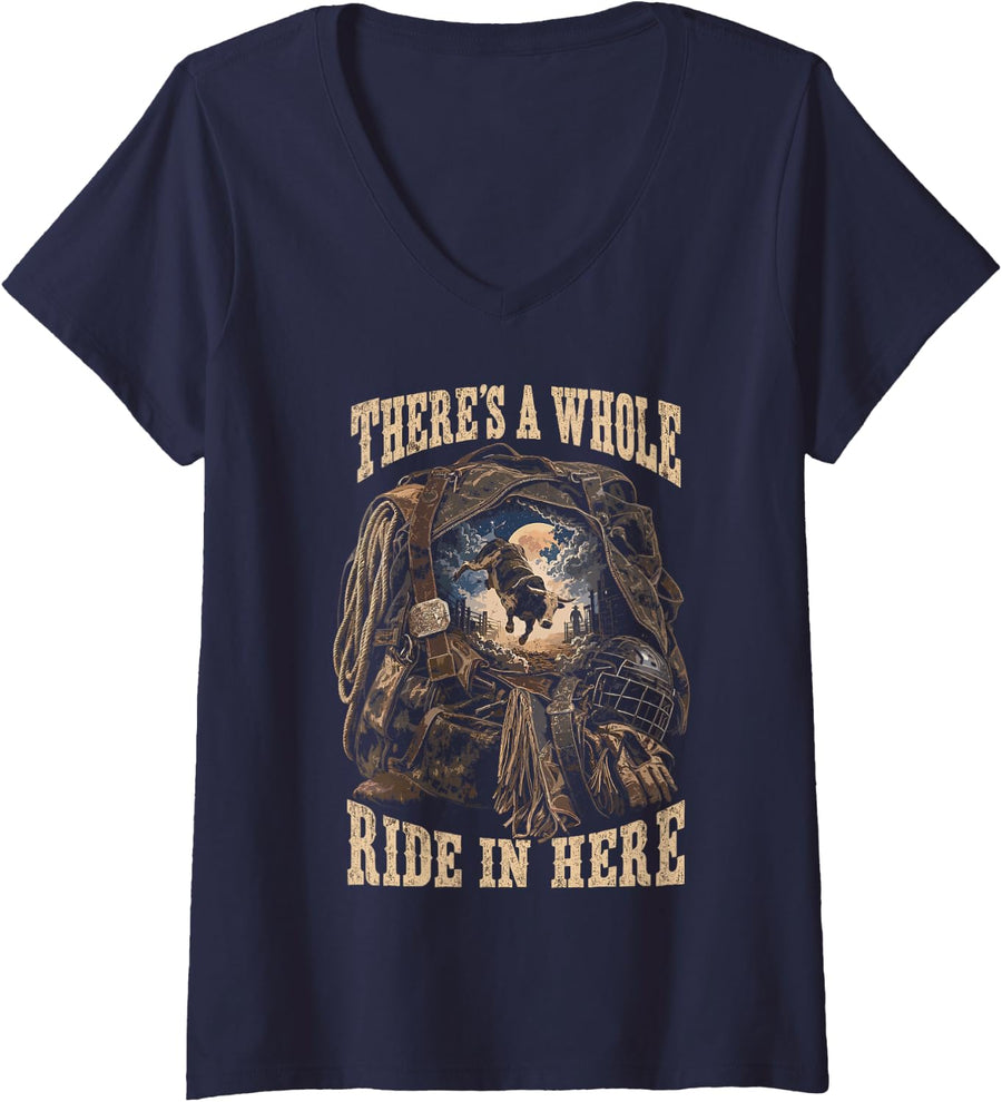 Women's Bull Rider - Bull Riding Rodeo Gear Bag Shadow V-Neck T-Shirt - Navy Blue