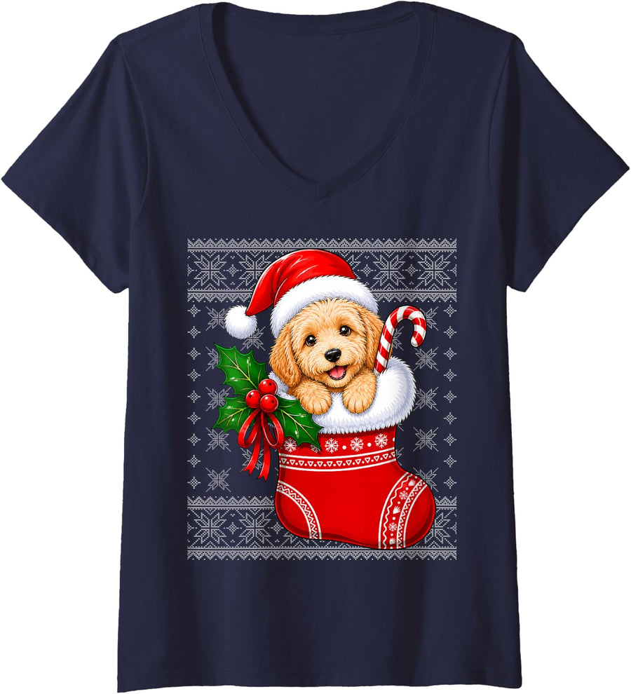 Women's Goldendoodle Dog Christmas Stocking Cute Festive Ugly Xmas V-Neck T-Shirt - Navy Blue