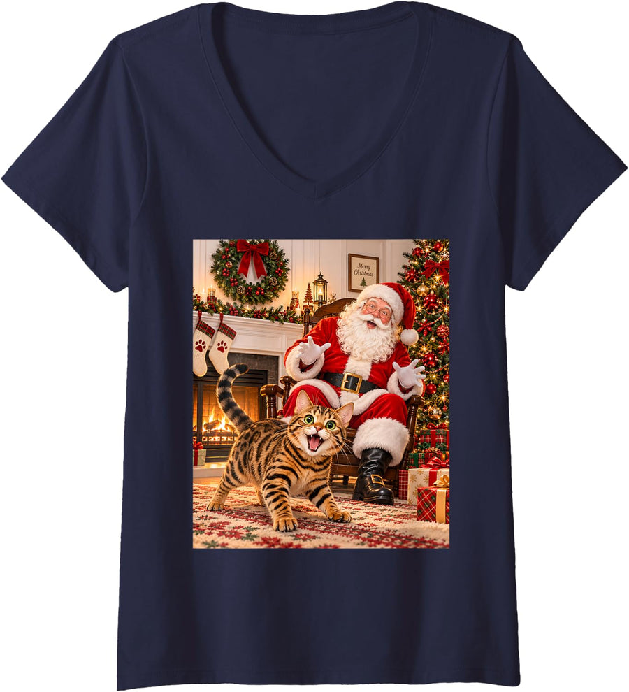 Women's Funny Festive Santa Bengal Cat Christmas Cheer V-Neck T-Shirt - Navy Blue