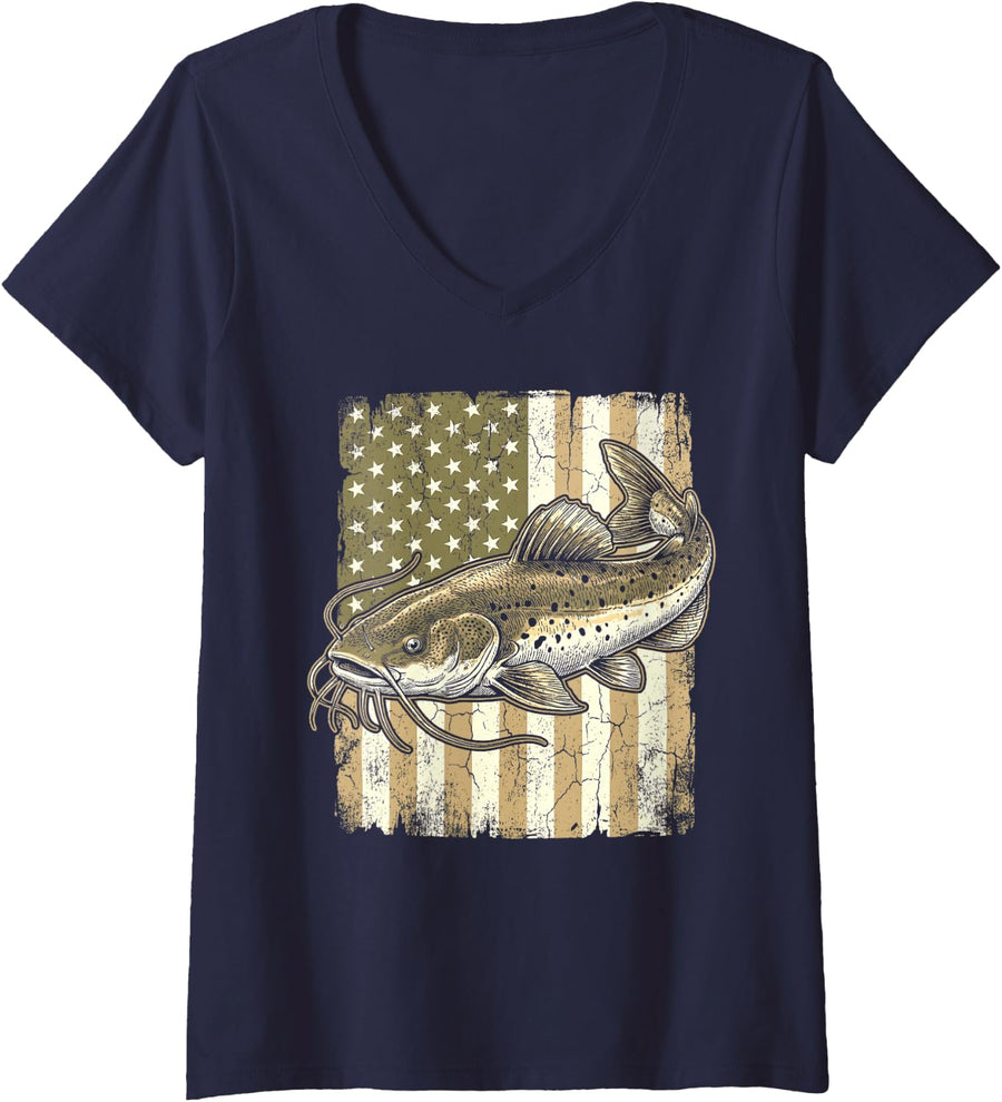 Women's Walleye Fishing Camo American Flag Patriotic Fisherman V-Neck T-Shirt - Navy Blue