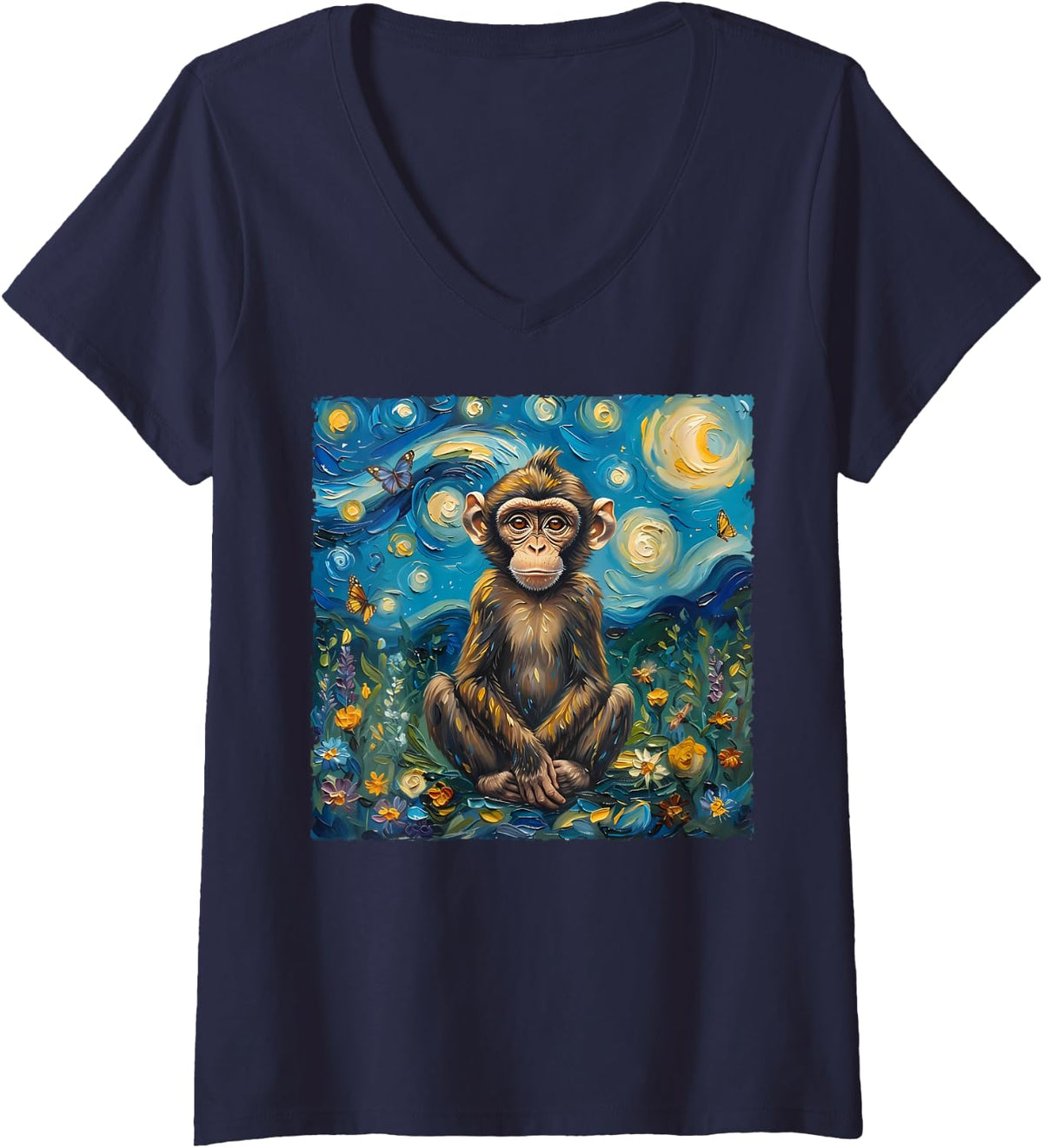 Women's Van Gogh's Starry Night Style Earth Day Monkey Wildlife Art V-Neck T-Shirt - Navy Blue