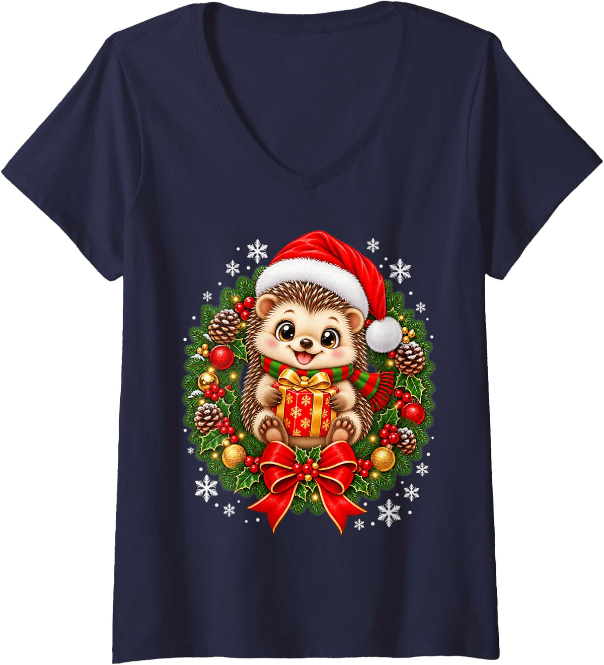 Women's Hedgehog Santa Hat Christmas Light Xmas PJ Men Women Kids V-Neck T-Shirt - Navy Blue