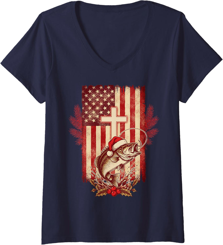 Women's Christian Angler Christmas US Flag Cross Bass Fishing V-Neck T-Shirt - Navy Blue