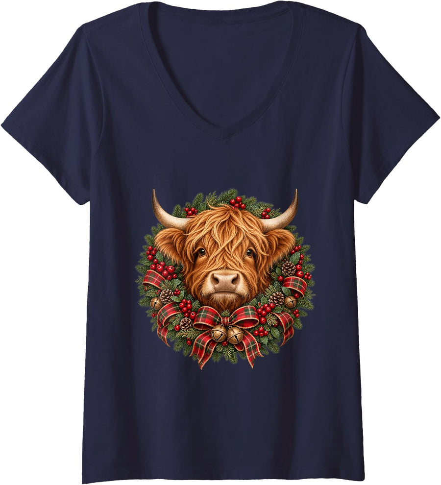 Women's Highland Cow Christmas Wreath Cute Scottish Cow Holiday V-Neck T-Shirt - Navy Blue