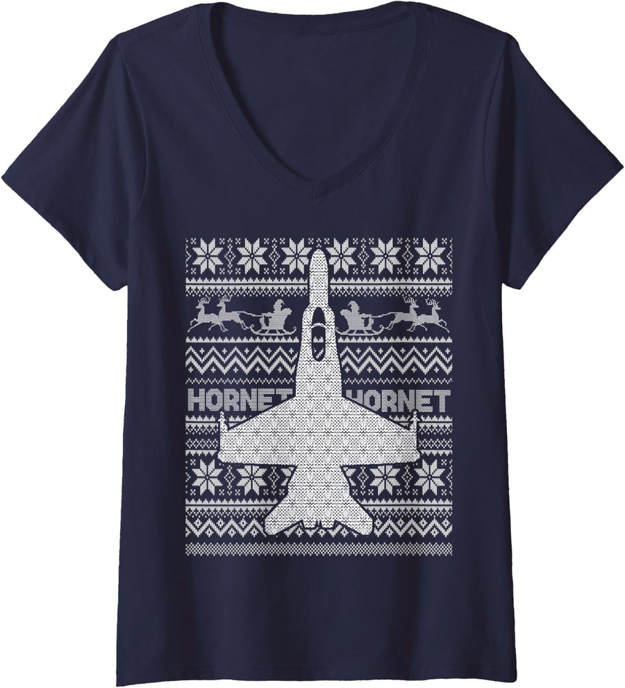 Women's F 18 USA Fighter Jet Ugly Christmas Sweater Style Xmas V-Neck T-Shirt - Navy Blue