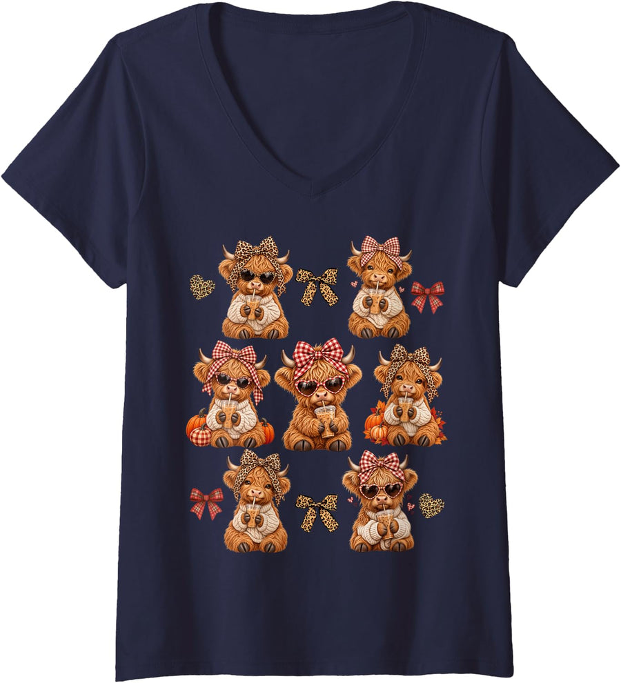 Women's Cute Highland Cow Iced Coffee Fall Leopard Plaid Bows V-Neck T-Shirt - Navy Blue