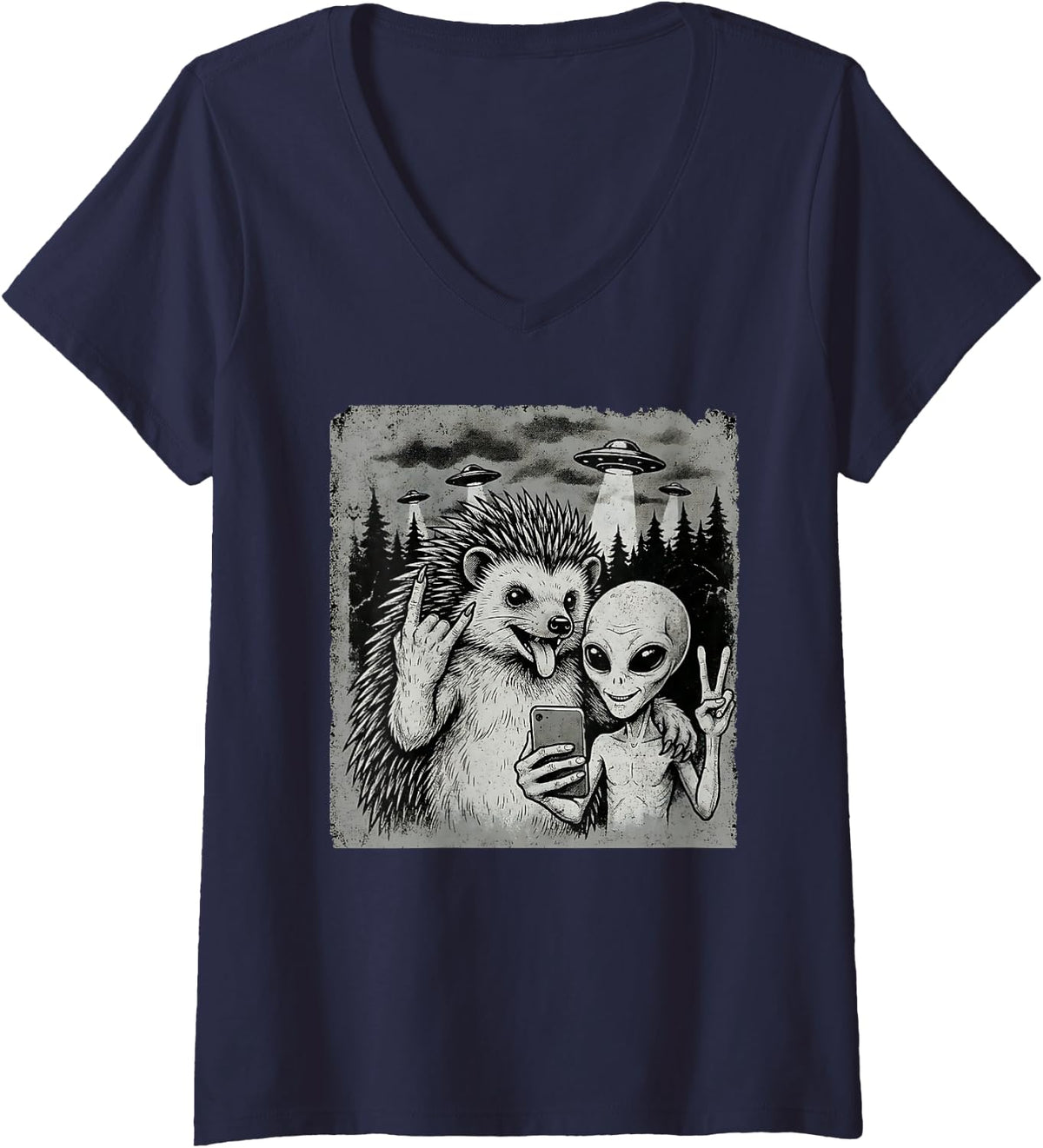 Women's Funny Hedgehog and Alien Rock On Hand Sign UFO Selfie V-Neck T-Shirt - Navy Blue