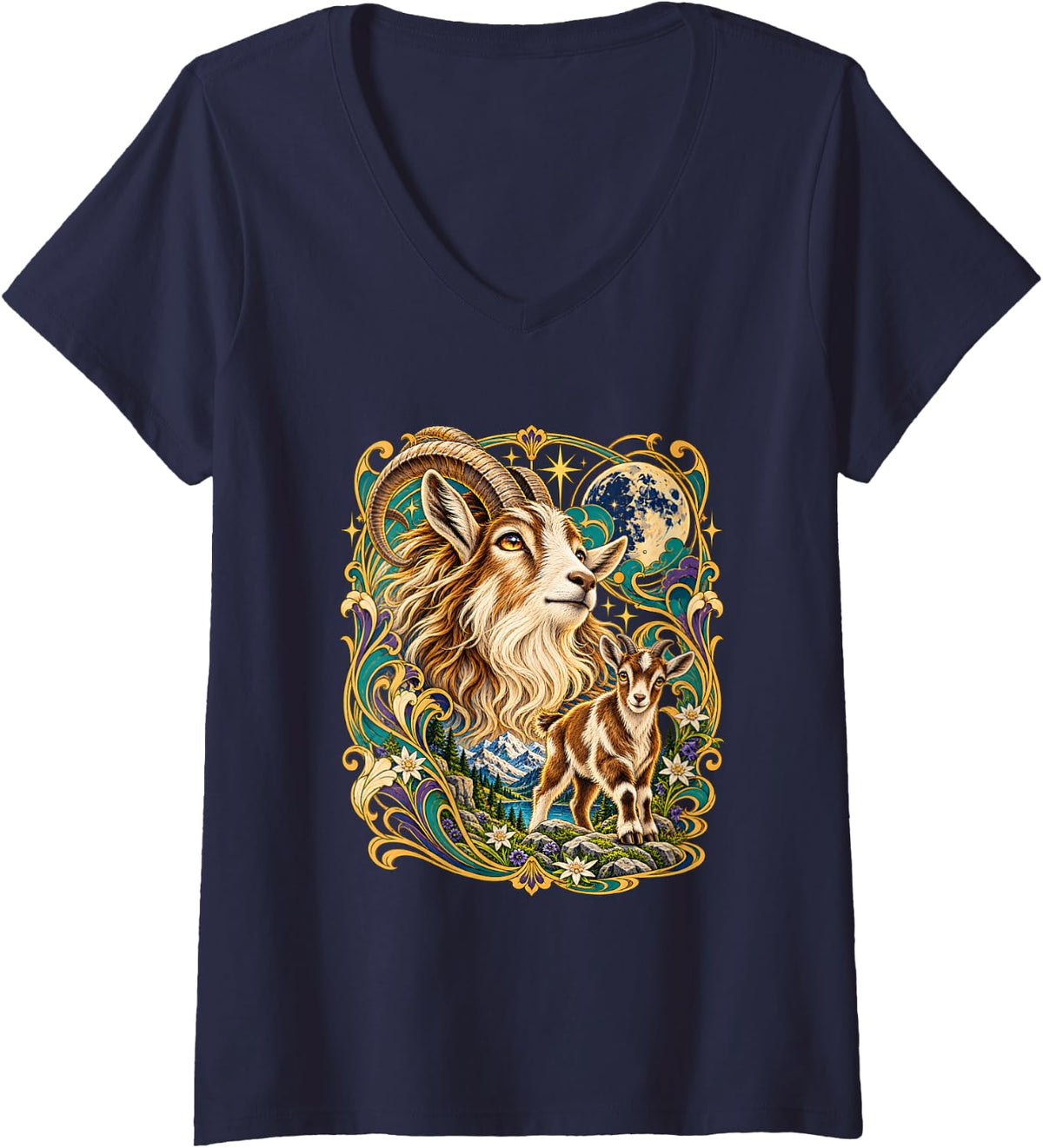 Women's Art Nouveau Mountain Goat and Kid Full Moon Nature Landscape V-Neck T-Shirt - Navy Blue
