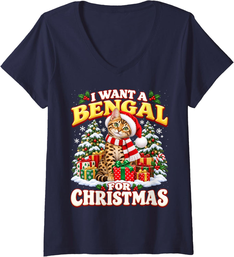 Women's I Want A Bengal for Christmas Cat Lover V-Neck T-Shirt - Navy Blue