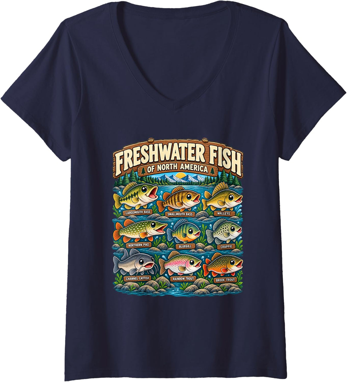 Women's Cute Freshwater Fish North America Bass Trout Fishing V-Neck T-Shirt - Navy Blue