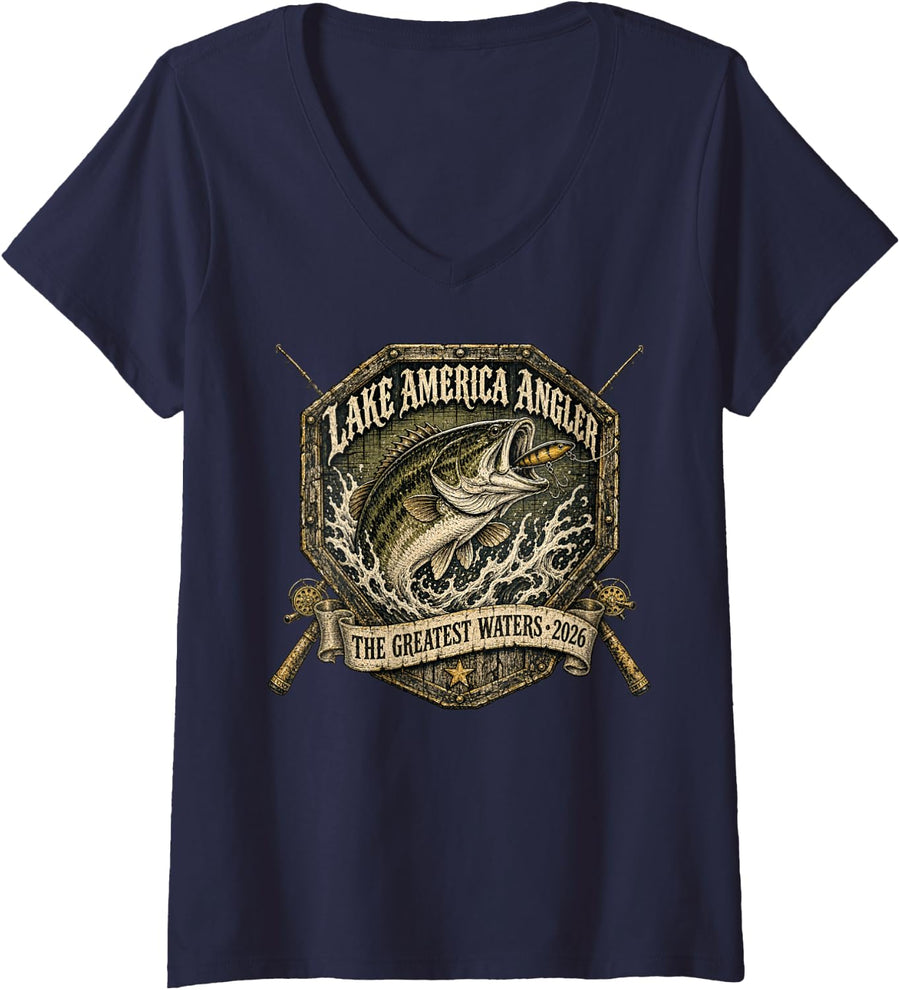 Women's Lake America Angler BASS Fishing Club V-Neck T-Shirt - Navy Blue