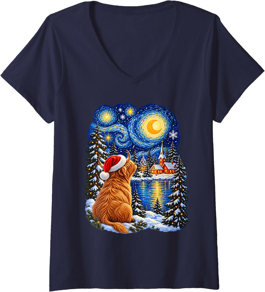 Women's Christmas Highland Cow Dreamy Santa Hat Winter Stars V-Neck T-Shirt - Navy Blue
