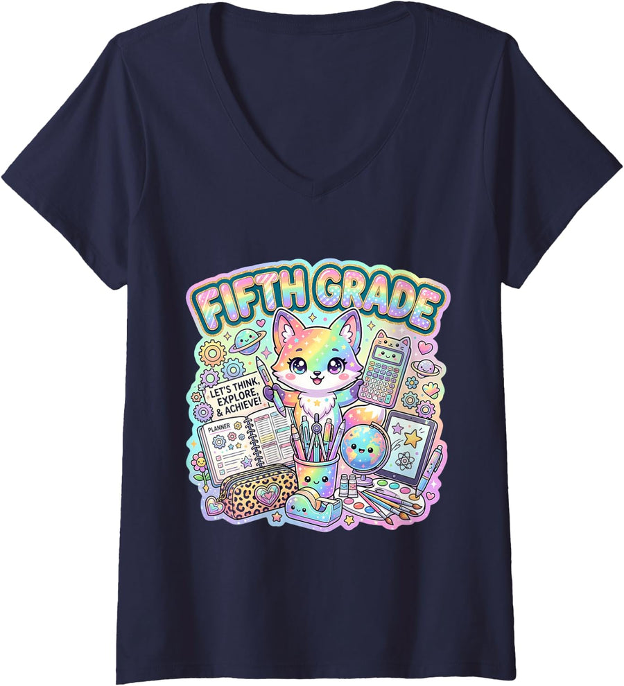 Women's Cute Fox Lover 5th Fifth Grade Back to School Girl Teacher V-Neck T-Shirt - Navy Blue