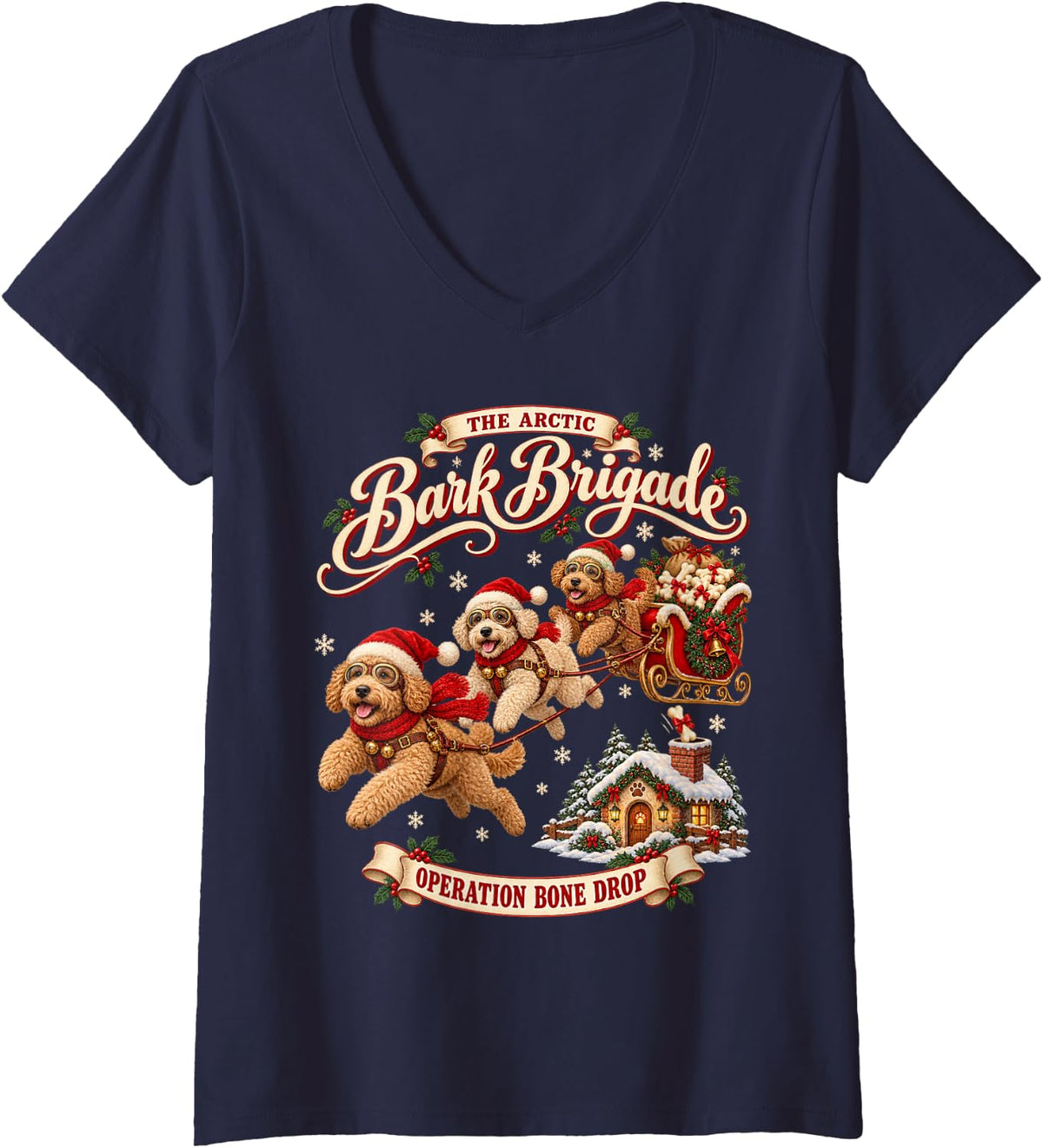 Women's Goldendoodle Christmas Funny Sleigh Kids Family Retro Doodle V-Neck T-Shirt - Navy Blue