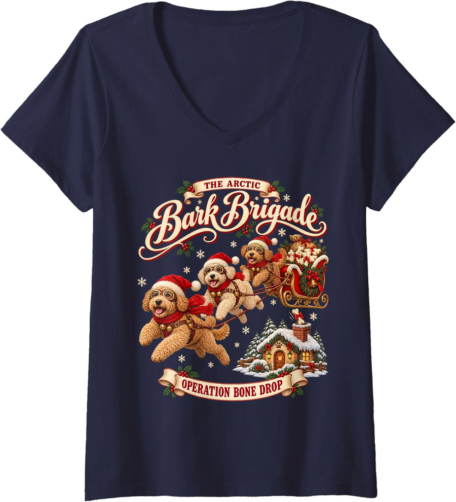 Women's Goldendoodle Christmas Funny Sleigh Kids Family Retro Doodle V-Neck T-Shirt - Navy Blue