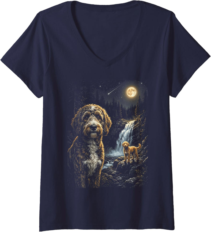 Women's Goldendoodle Howling to The Moon Meme 90s Animal Dog V-Neck T-Shirt - Navy Blue