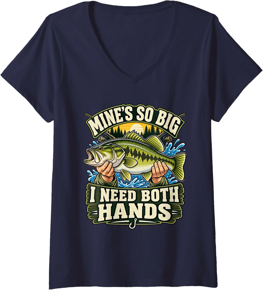 Women's Mines So Big I Need Both Hands Funny Fishing Bass V-Neck T-Shirt - Navy Blue