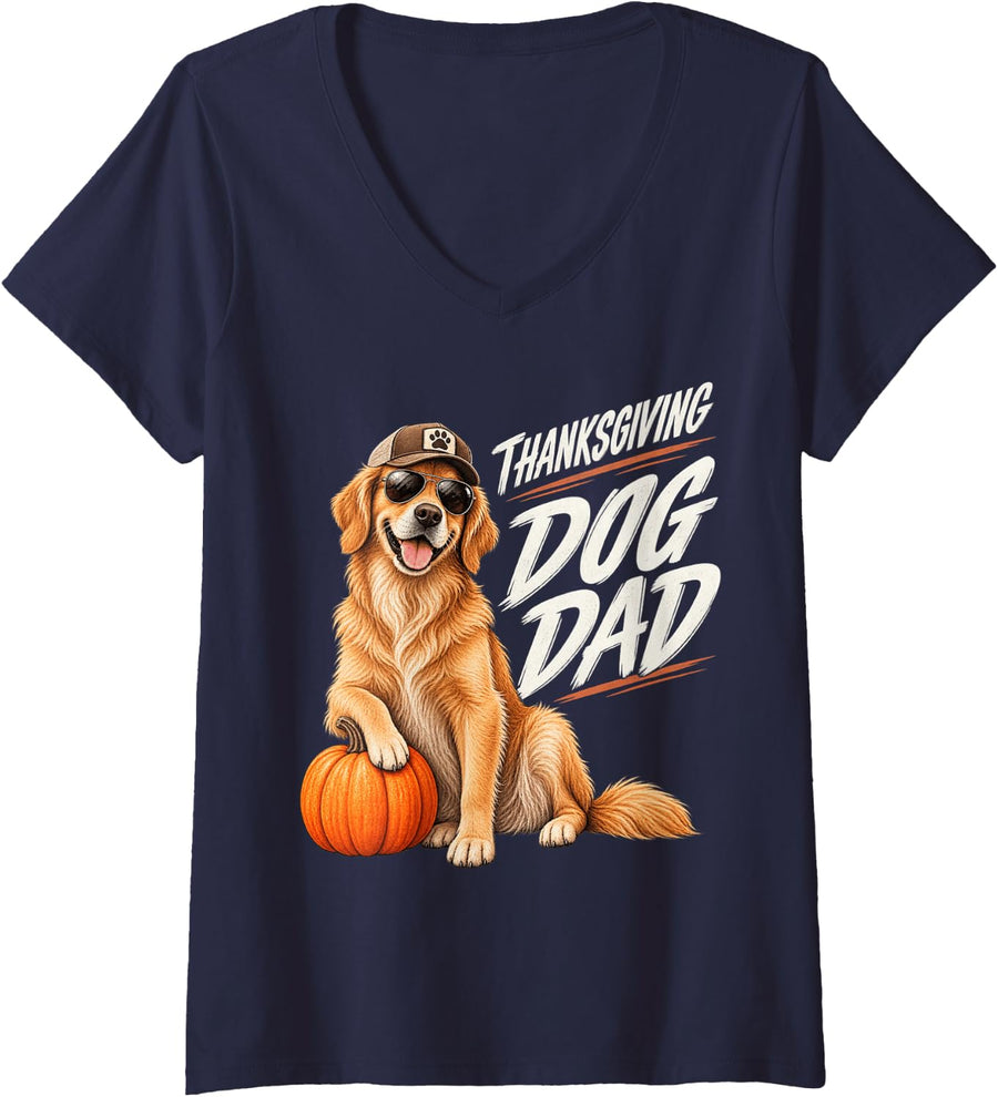 Women's Thanksgiving Dog Dad Funny Dog and Pumpkin Holiday Design V-Neck T-Shirt - Navy Blue
