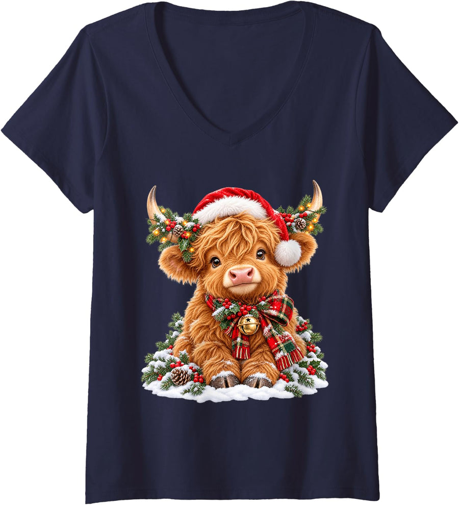 Women's Merry Christmas Highland Cow Santa Hat Holiday Cow Lover V-Neck T-Shirt - Navy Blue