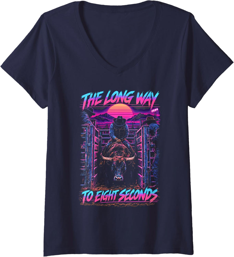 Women's Bull Rider - Bull Riding Rodeo Long Way to Eight Seconds V-Neck T-Shirt - Navy Blue