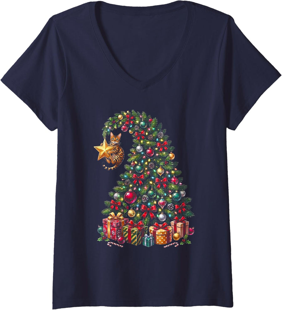 Women's Bengal Cat Hanging from Christmas Tree Festive Funny Pet V-Neck T-Shirt - Navy Blue
