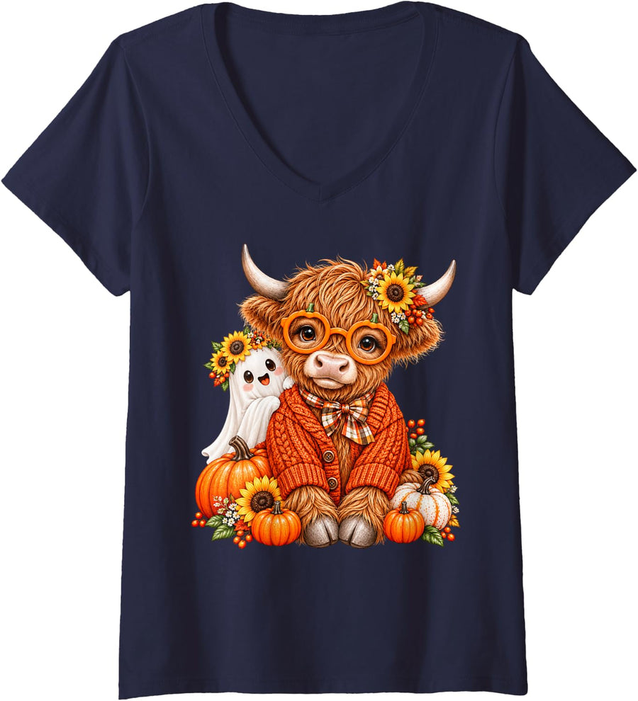 Women's Cute Highland Cow Ghost Fall Halloween Pumpkin Cowgirl Fall V-Neck T-Shirt - Navy Blue