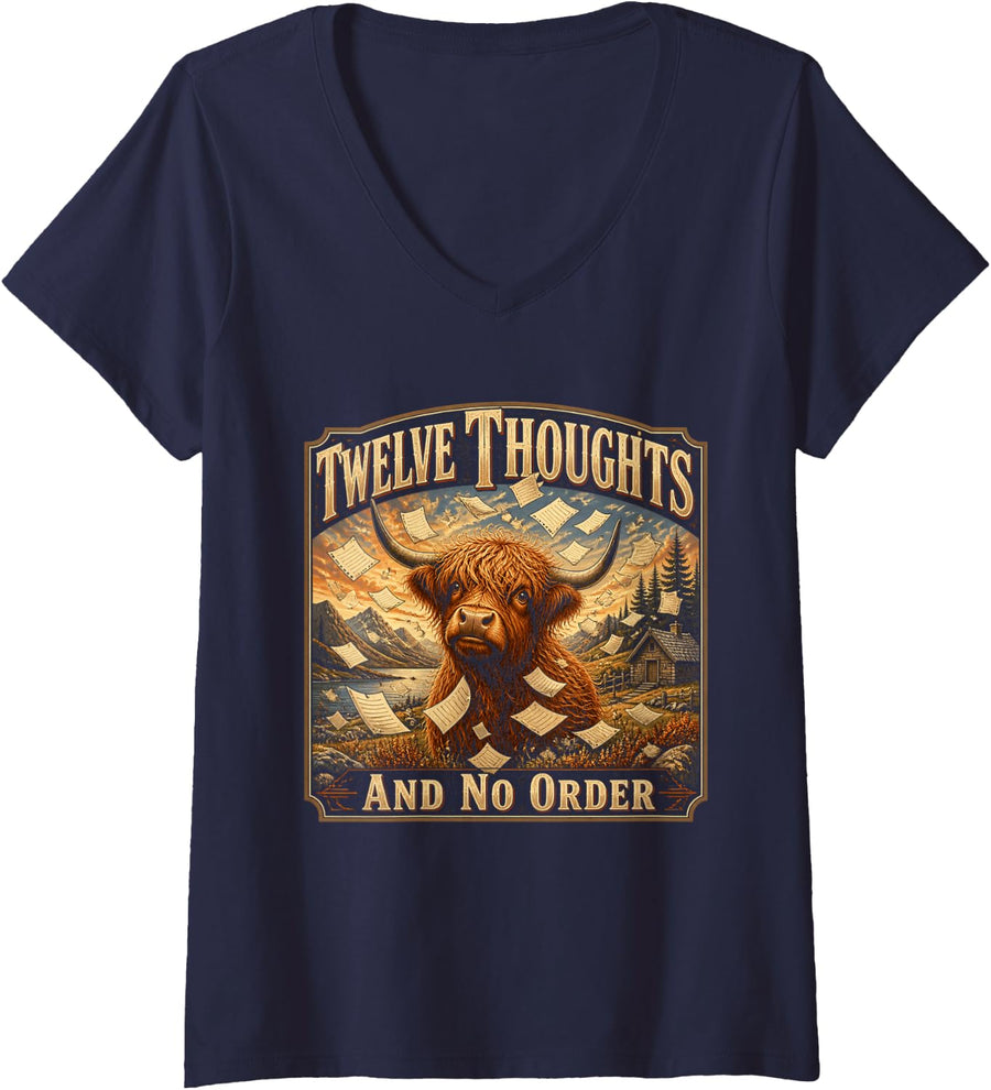 Women's Twelve Thoughts and No Order Funny Highland Cow V-Neck T-Shirt - Navy Blue
