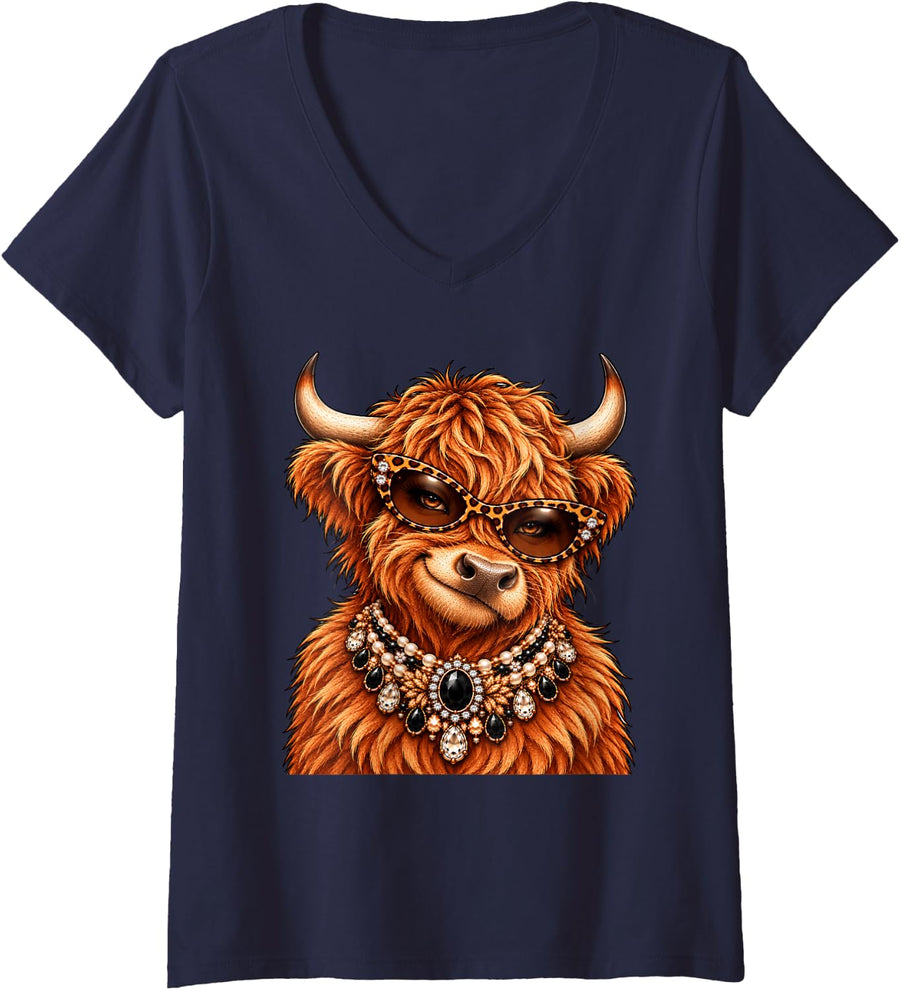 Women's Glam Highland Cow Leopard Glasses Funny Highland Cow Lover V-Neck T-Shirt - Navy Blue