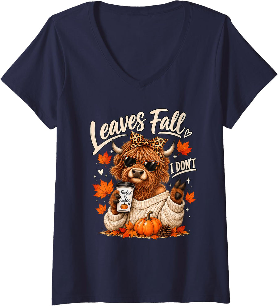 Women's Retro Leaves Fall I Don't Highland Cow Autumn Coffee V-Neck T-Shirt - Navy Blue