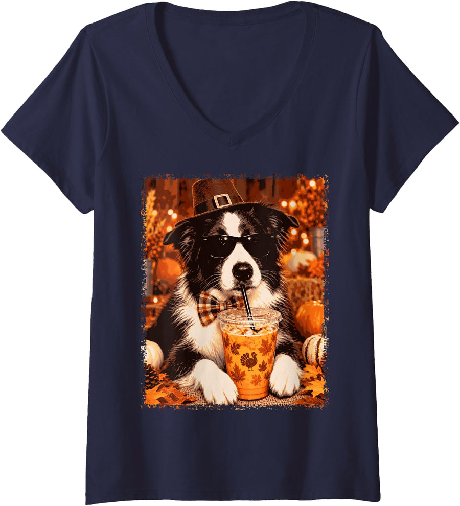 Women's Thanksgiving Border Collie Pilgrim Hat Sunglasses Coffee V-Neck T-Shirt - Navy Blue