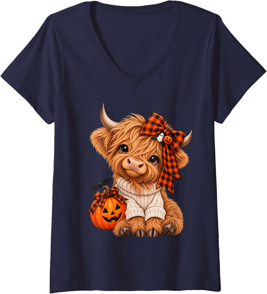 Women's Cute Halloween Highland Cow Pumpkin Orange Plaid Bow Ghost V-Neck T-Shirt - Navy Blue