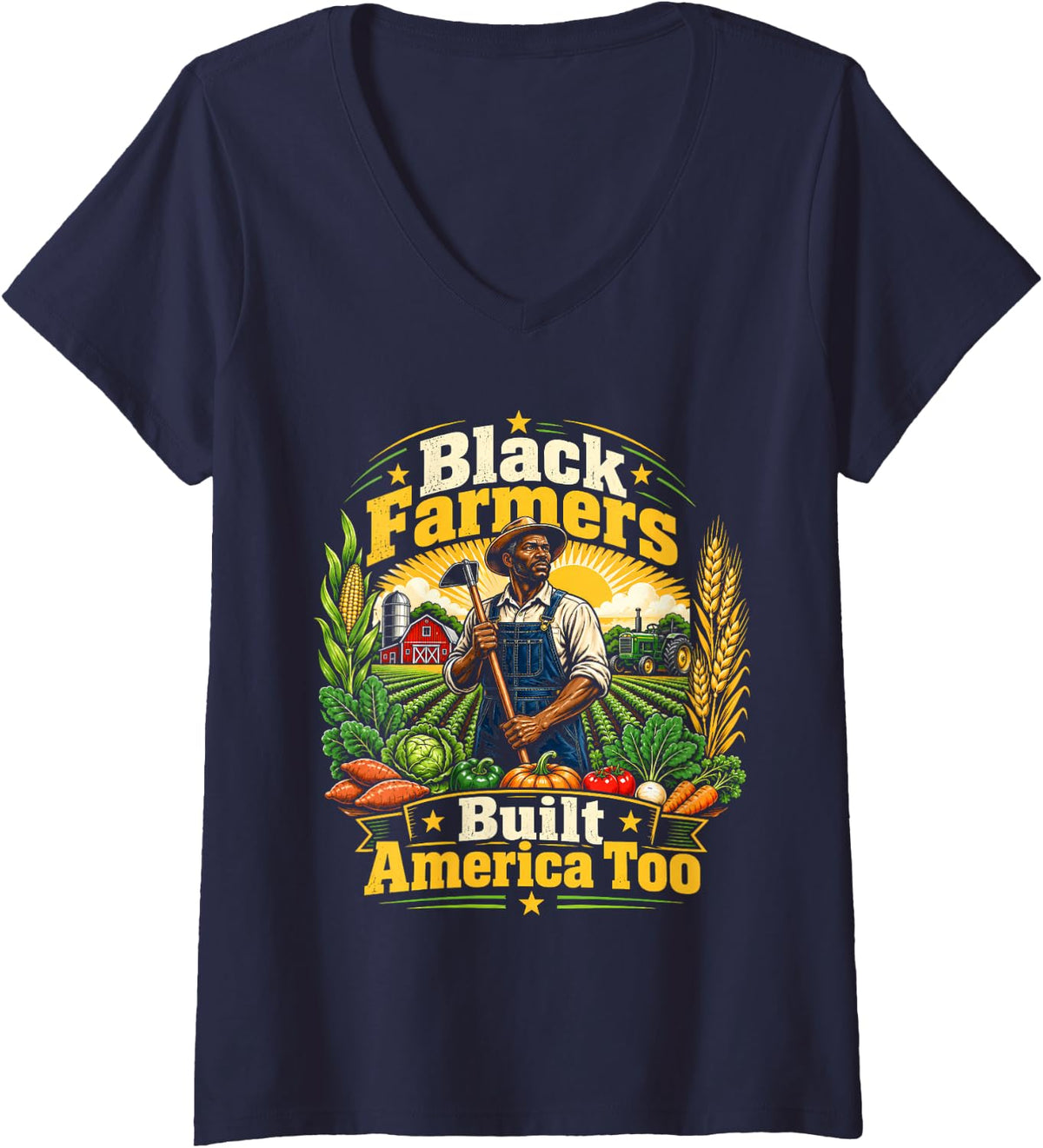 Women's Black Farmers Built America Too Agriculture Pride V-Neck T-Shirt - Navy Blue
