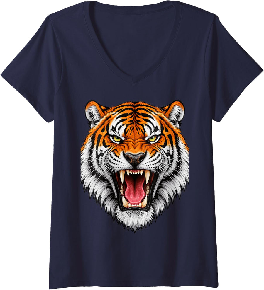 Women's Growling Bengal Tiger Face Retro Vintage Wild Cat Men Women V-Neck T-Shirt - Navy Blue