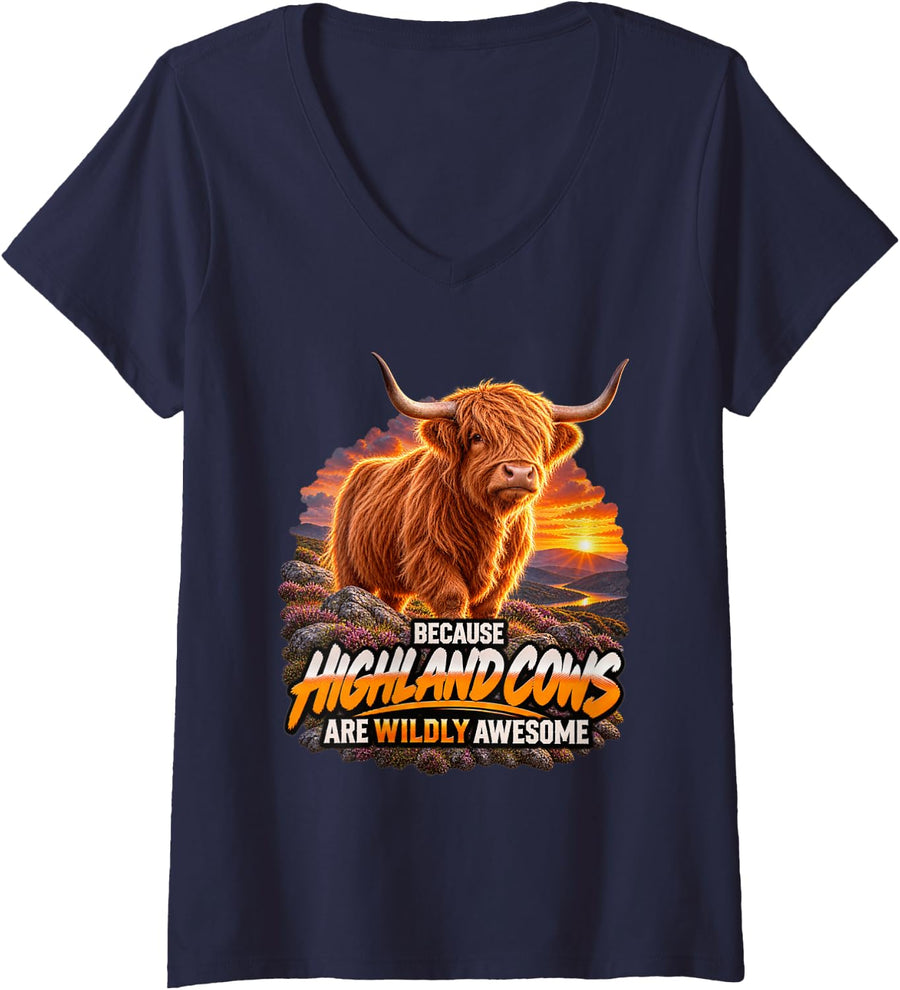 Women's Highland Cow Wildly Awesome Scottish Highland Cattle V-Neck T-Shirt - Navy Blue