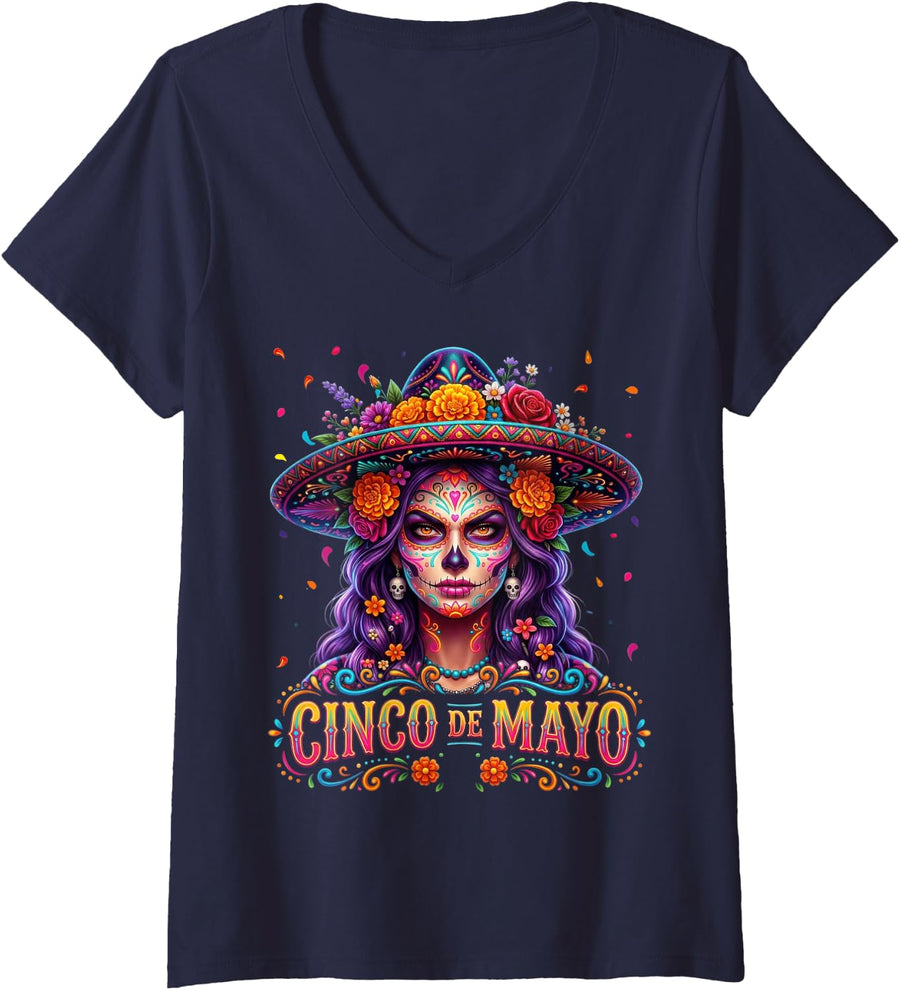 Women's Sugar Skull Cinco De Mayo Mexican 5 De Mayo Shirts for Women V-Neck T-Shirt - Navy Blue