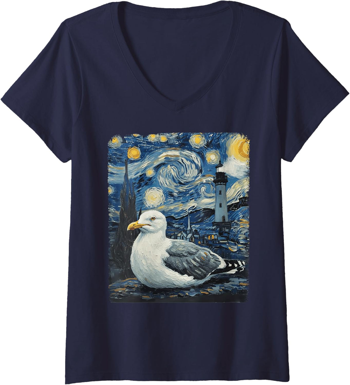 Women's Starry Night Van Gogh Seagull with Lighthouse Coast V-Neck T-Shirt - Navy Blue